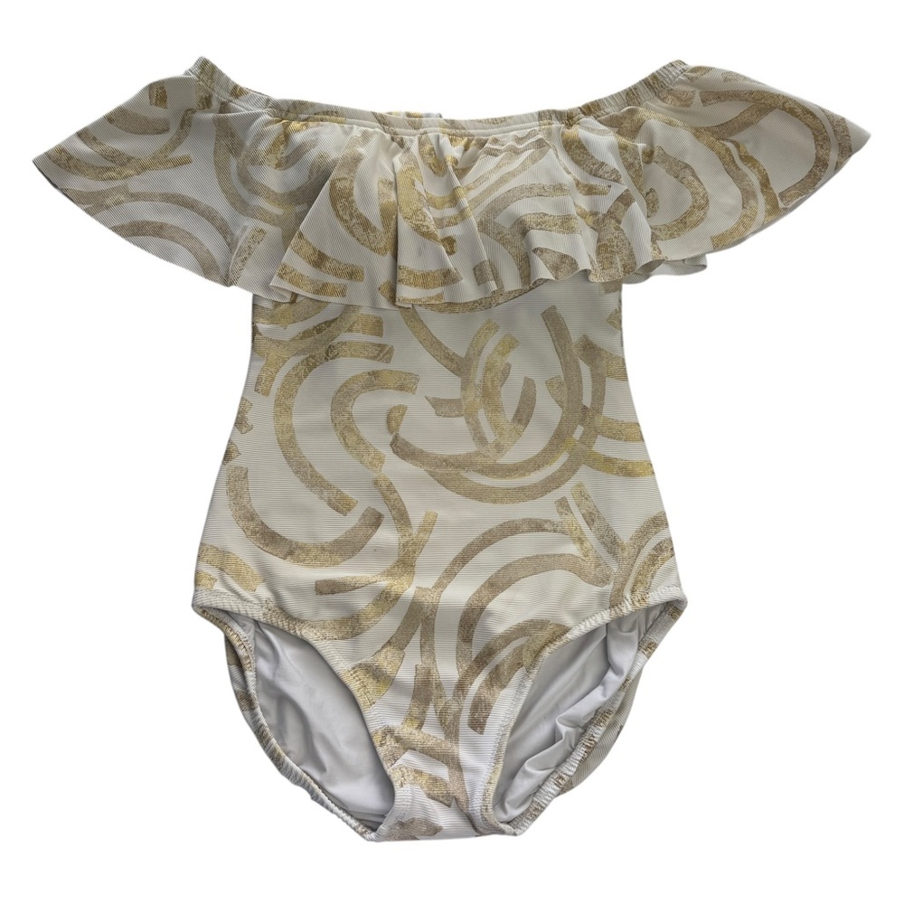 Tara Grinna Ruffle Gold & White Metallic Off The Shoulder One Piece Ribbed 4 S‎